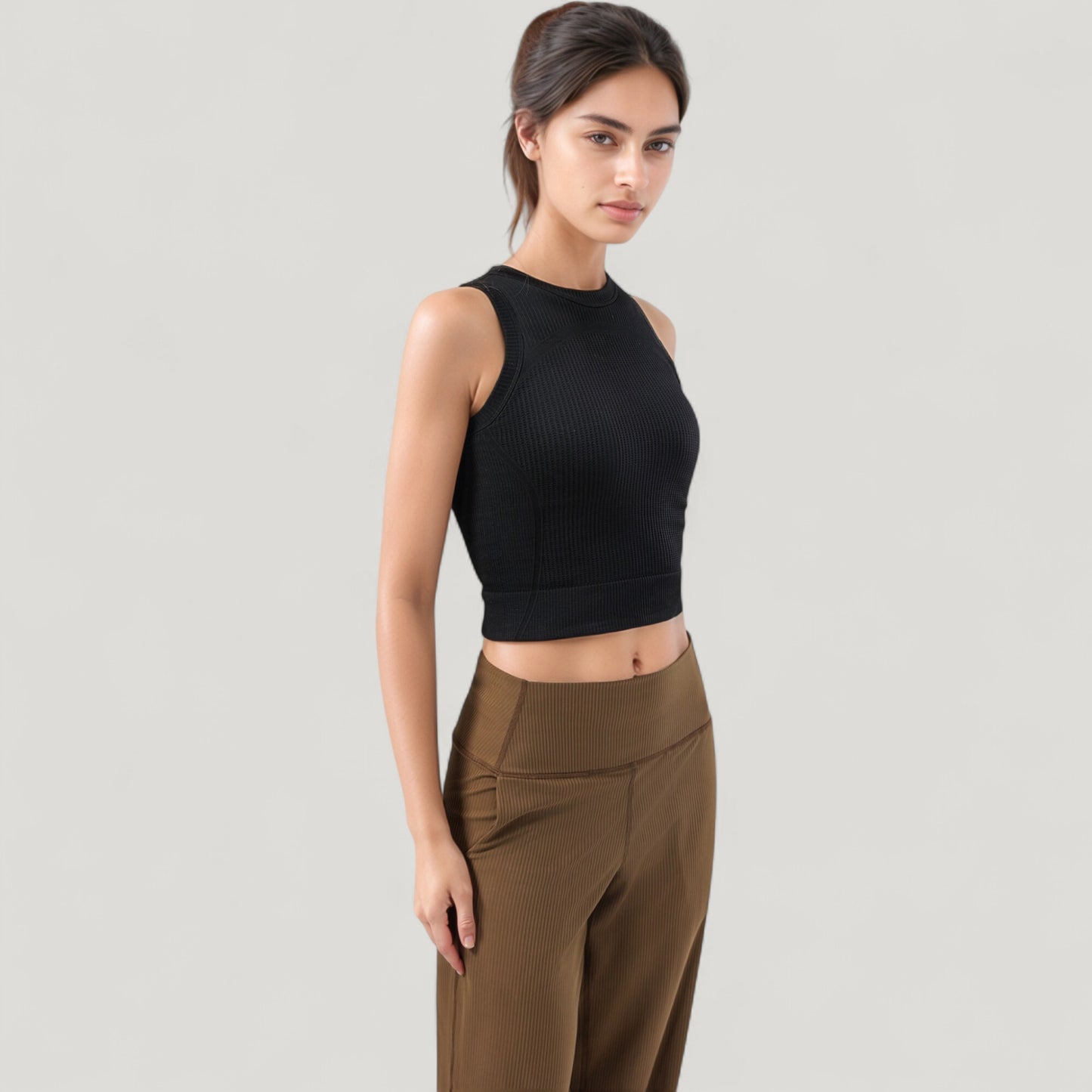 Anna-Kaci Active Women's Ribbed High Neck Sleeveless Crop Top with Seam Detail