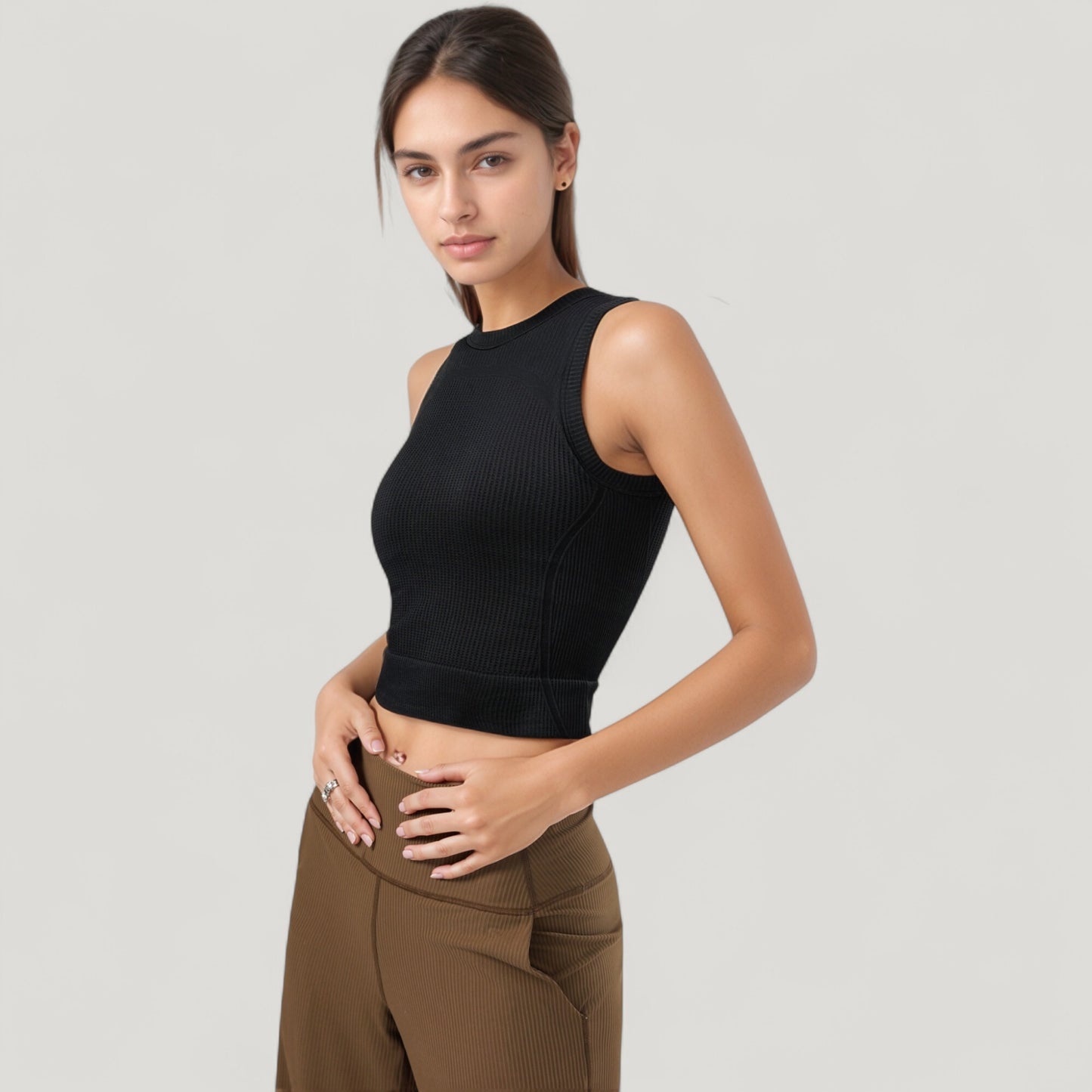 Anna-Kaci Active Women's Ribbed High Neck Sleeveless Crop Top with Seam Detail