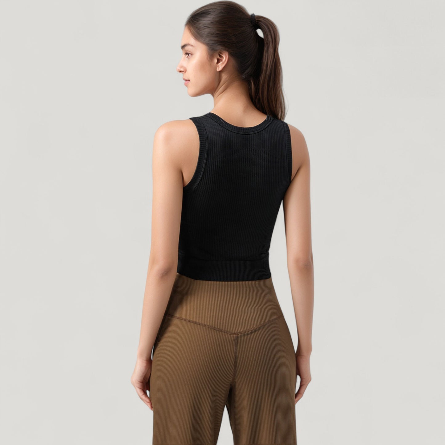 Anna-Kaci Active Women's Ribbed High Neck Sleeveless Crop Top with Seam Detail