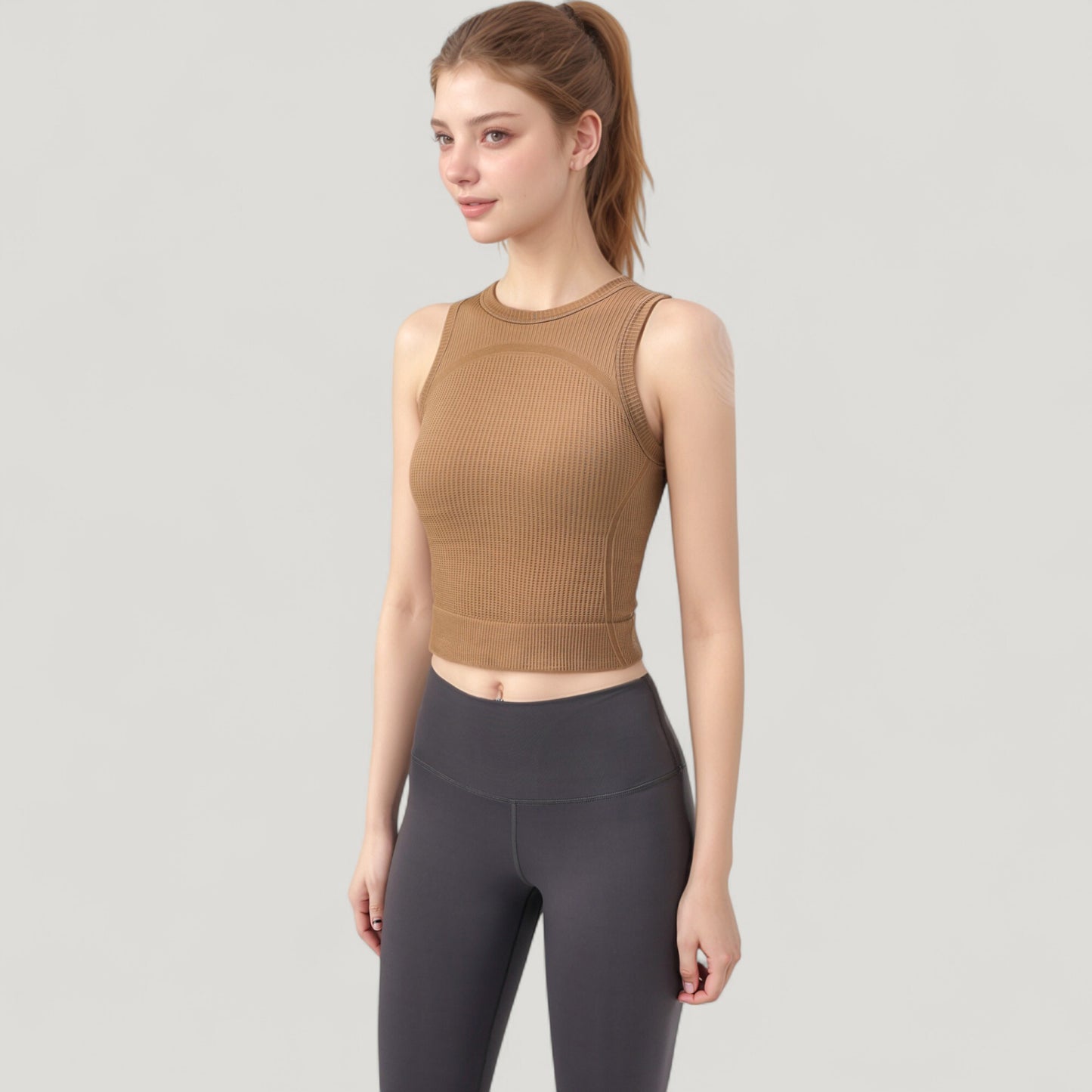 Anna-Kaci Active Women's Ribbed High Neck Sleeveless Crop Top with Seam Detail