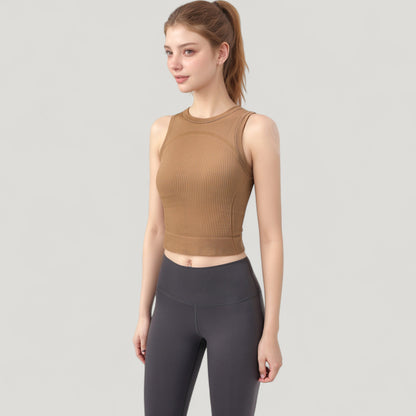 Anna-Kaci Active Women's Ribbed High Neck Sleeveless Crop Top with Seam Detail