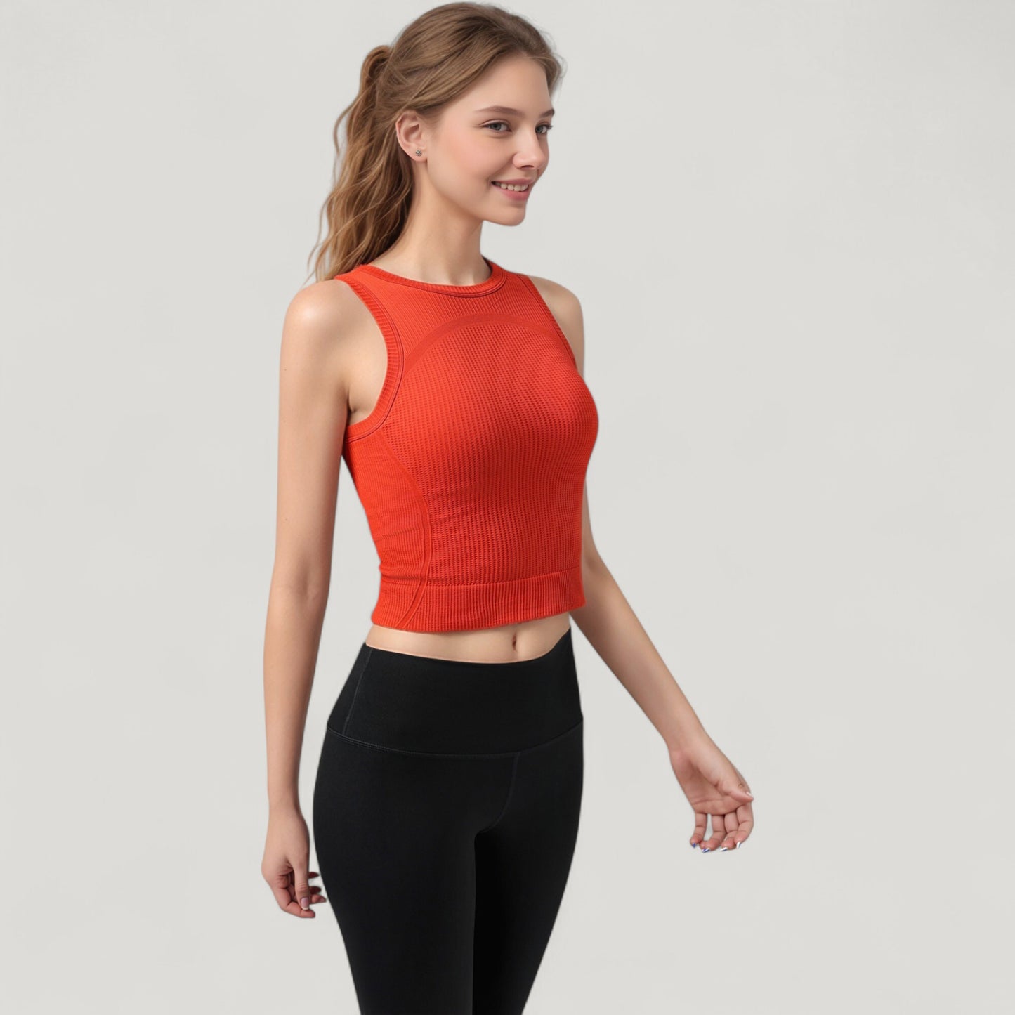 Anna-Kaci Active Women's Ribbed High Neck Sleeveless Crop Top with Seam Detail