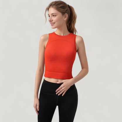 Anna-Kaci Active Women's Ribbed High Neck Sleeveless Crop Top with Seam Detail