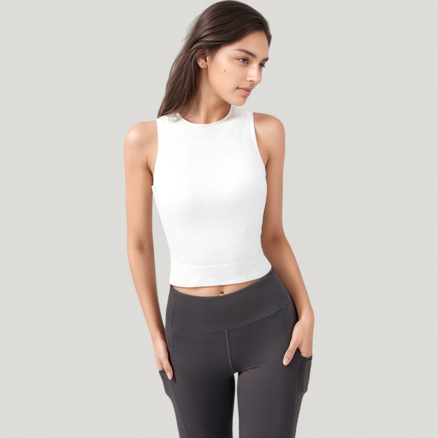 Anna-Kaci Active Women's Ribbed High Neck Sleeveless Crop Top with Seam Detail