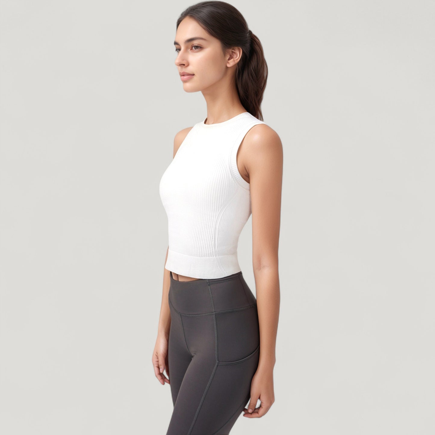 Anna-Kaci Active Women's Ribbed High Neck Sleeveless Crop Top with Seam Detail
