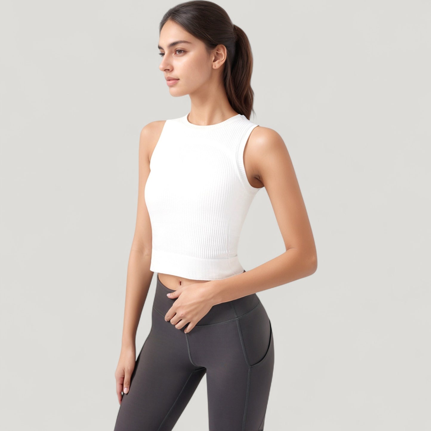 Anna-Kaci Active Women's Ribbed High Neck Sleeveless Crop Top with Seam Detail