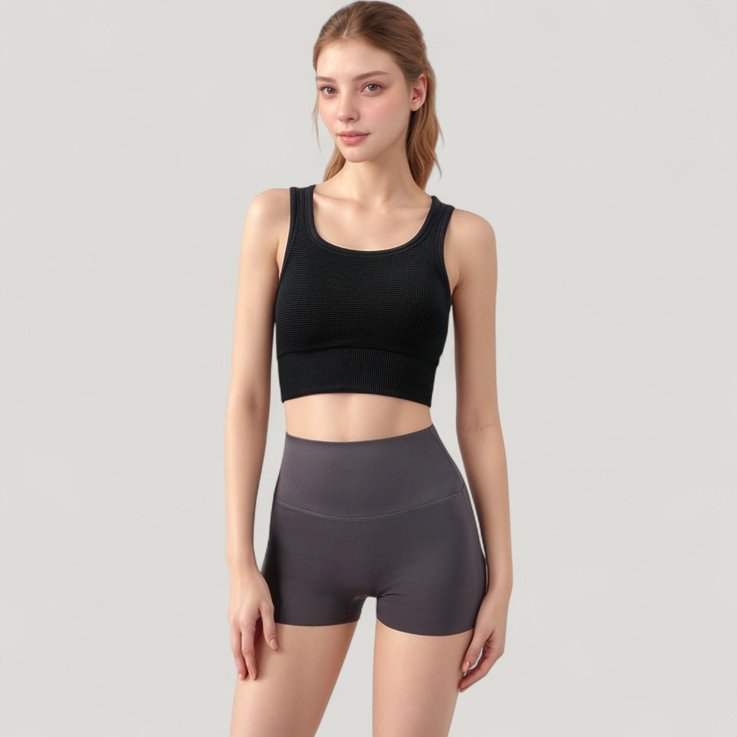 Anna-Kaci Active Women's Ribbed Seamless Sports Bra with Scoop Neck and Wide Straps