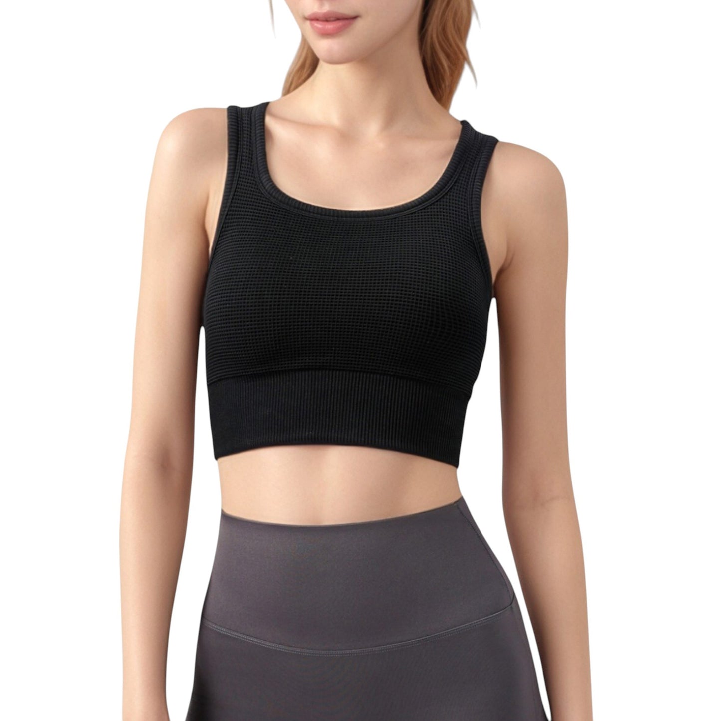 Anna-Kaci Active Women's Ribbed Seamless Sports Bra with Scoop Neck and Wide Straps