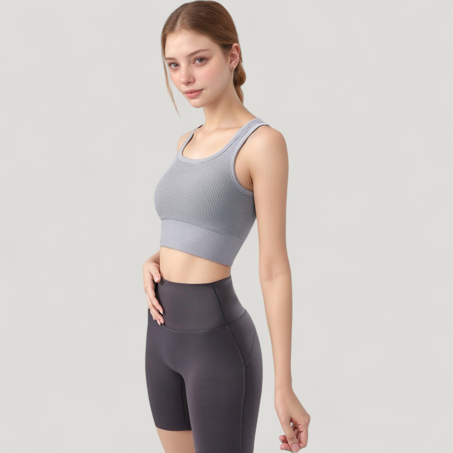 Anna-Kaci Active Women's Ribbed Seamless Sports Bra with Scoop Neck and Wide Straps