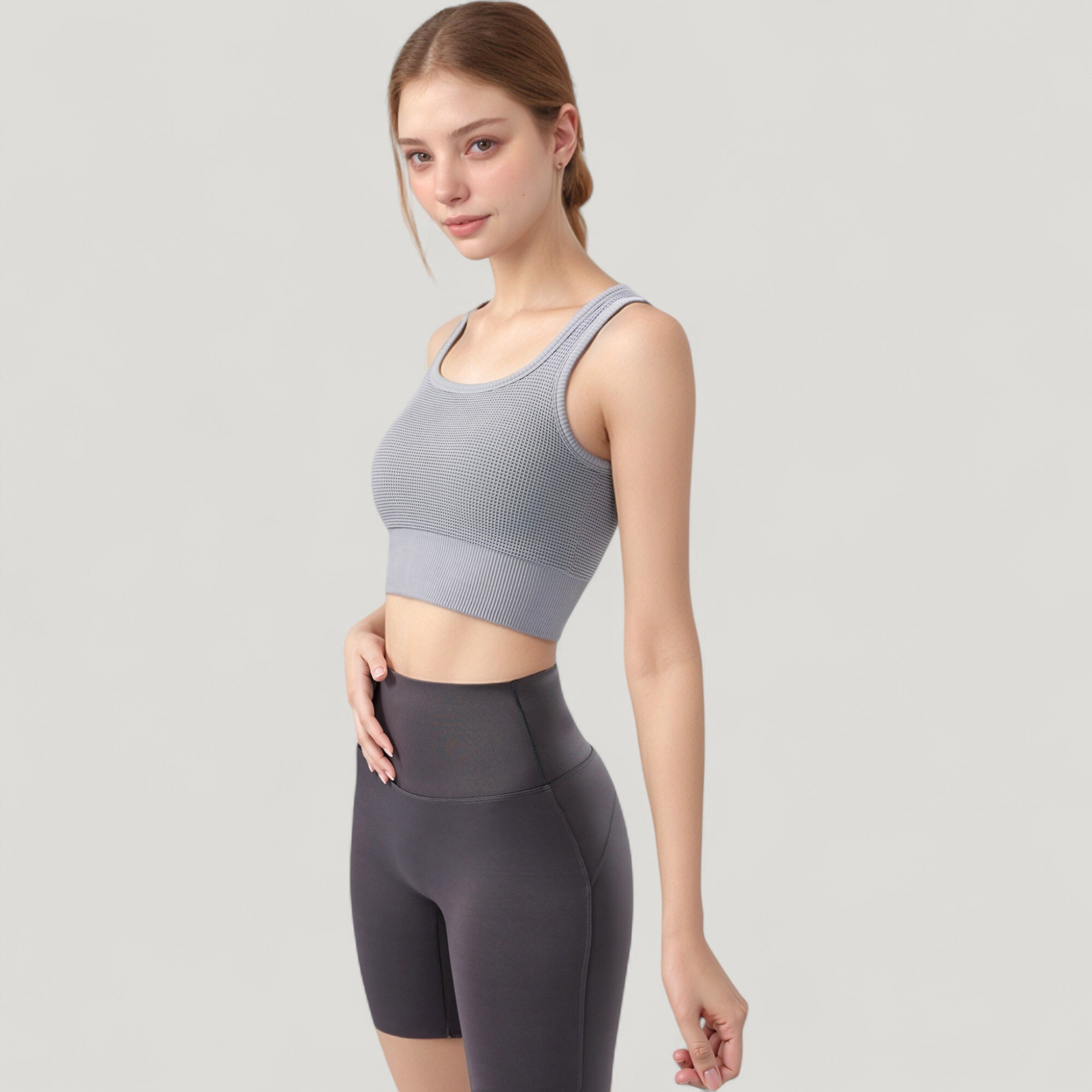 Anna-Kaci Active Women's Ribbed Seamless Sports Bra with Scoop Neck and Wide Straps