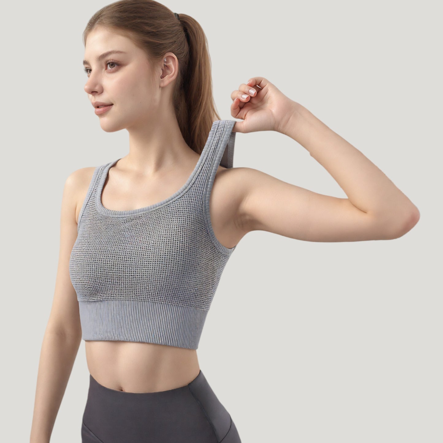 Anna-Kaci Active Women's Ribbed Seamless Sports Bra with Scoop Neck and Wide Straps