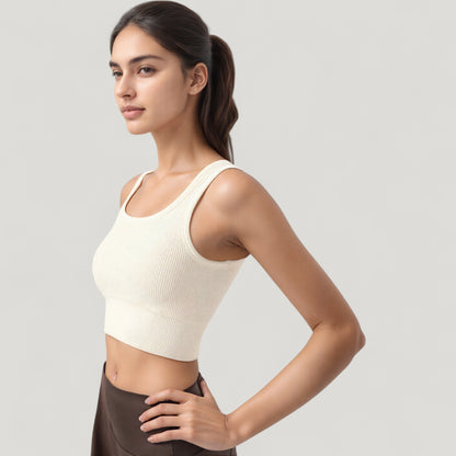 Anna-Kaci Active Women's Ribbed Seamless Sports Bra with Scoop Neck and Wide Straps