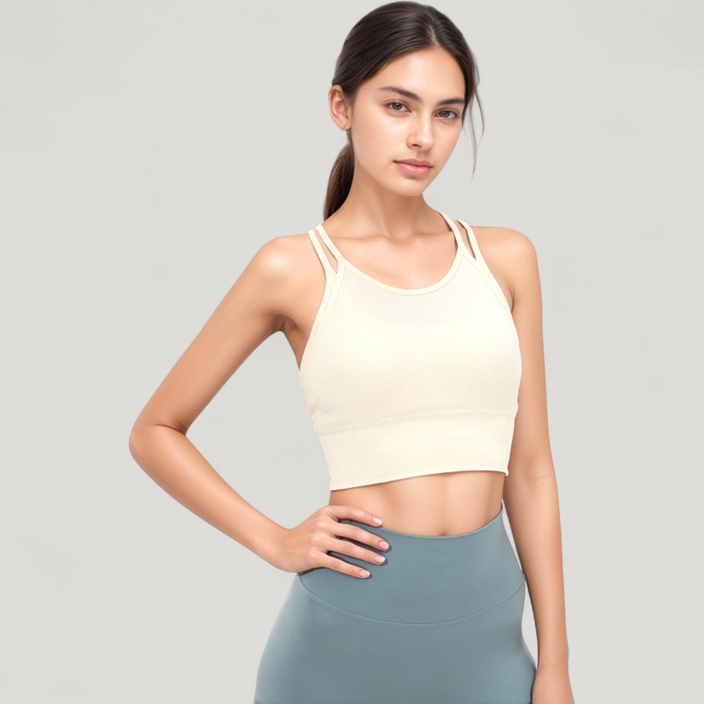 Anna-Kaci Active Women's Double Strap Crew Neck Ribbed Crop Top with Fitted Hem