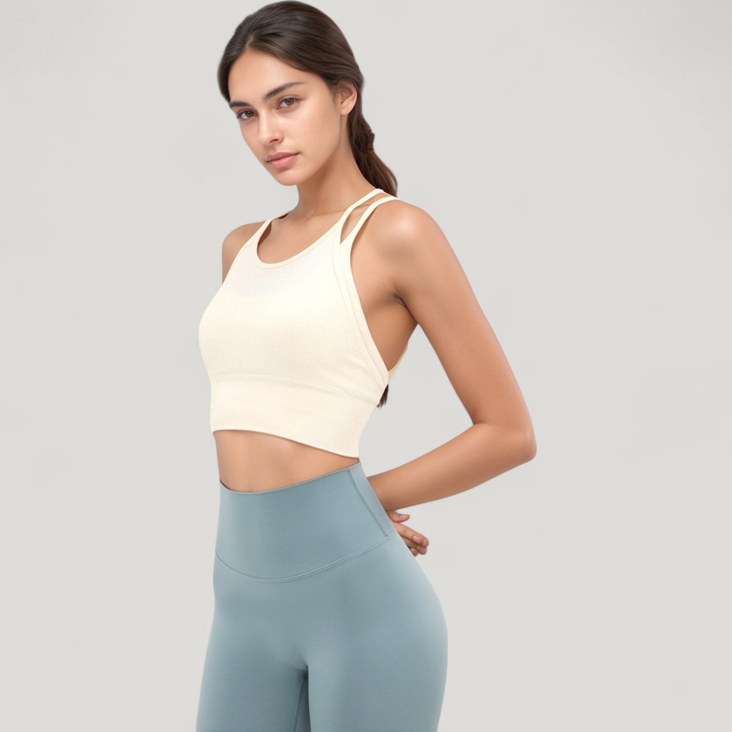 Anna-Kaci Active Women's Double Strap Crew Neck Ribbed Crop Top with Fitted Hem