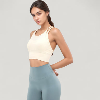 Anna-Kaci Active Women's Double Strap Crew Neck Ribbed Crop Top with Fitted Hem