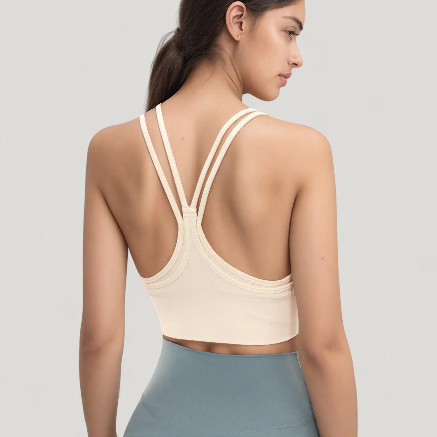 Anna-Kaci Active Women's Double Strap Crew Neck Ribbed Crop Top with Fitted Hem