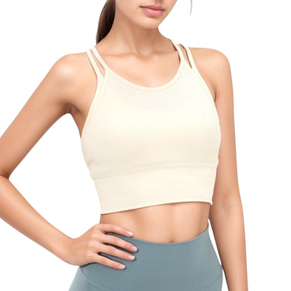 Anna-Kaci Active Women's Double Strap Crew Neck Ribbed Crop Top with Fitted Hem