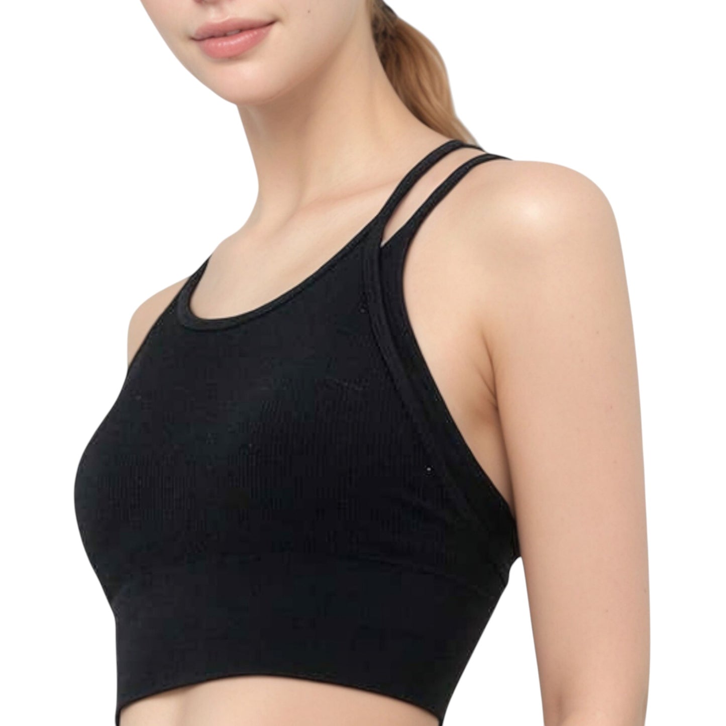 Anna-Kaci Active Women's Double Strap Crew Neck Ribbed Crop Top with Fitted Hem