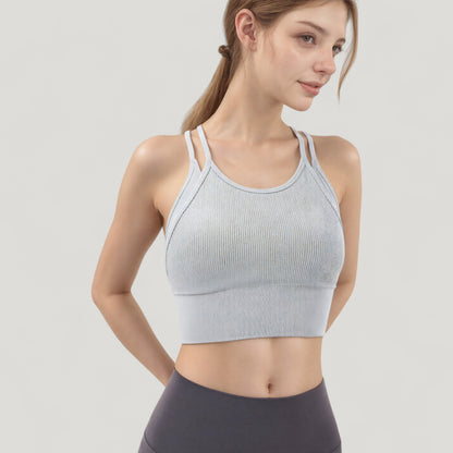 Anna-Kaci Active Women's Double Strap Crew Neck Ribbed Crop Top with Fitted Hem