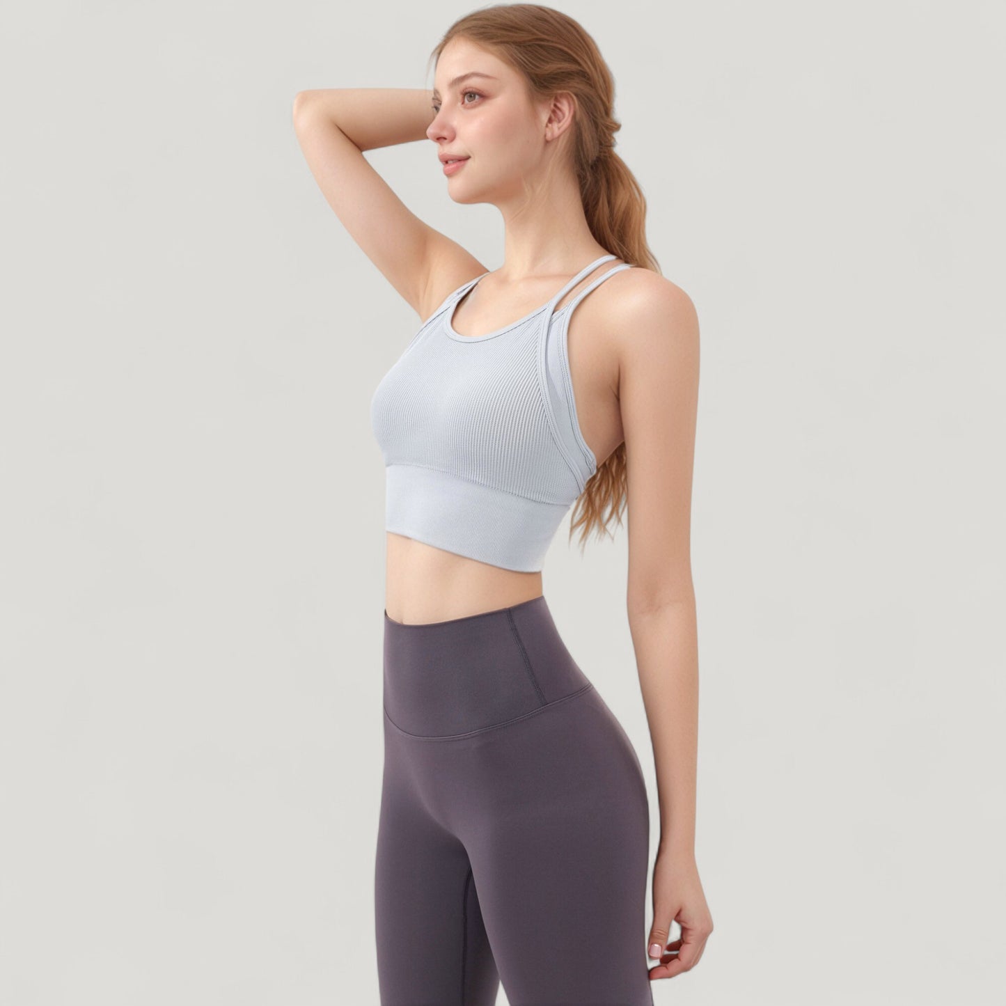 Anna-Kaci Active Women's Double Strap Crew Neck Ribbed Crop Top with Fitted Hem