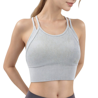 Anna-Kaci Active Women's Double Strap Crew Neck Ribbed Crop Top with Fitted Hem