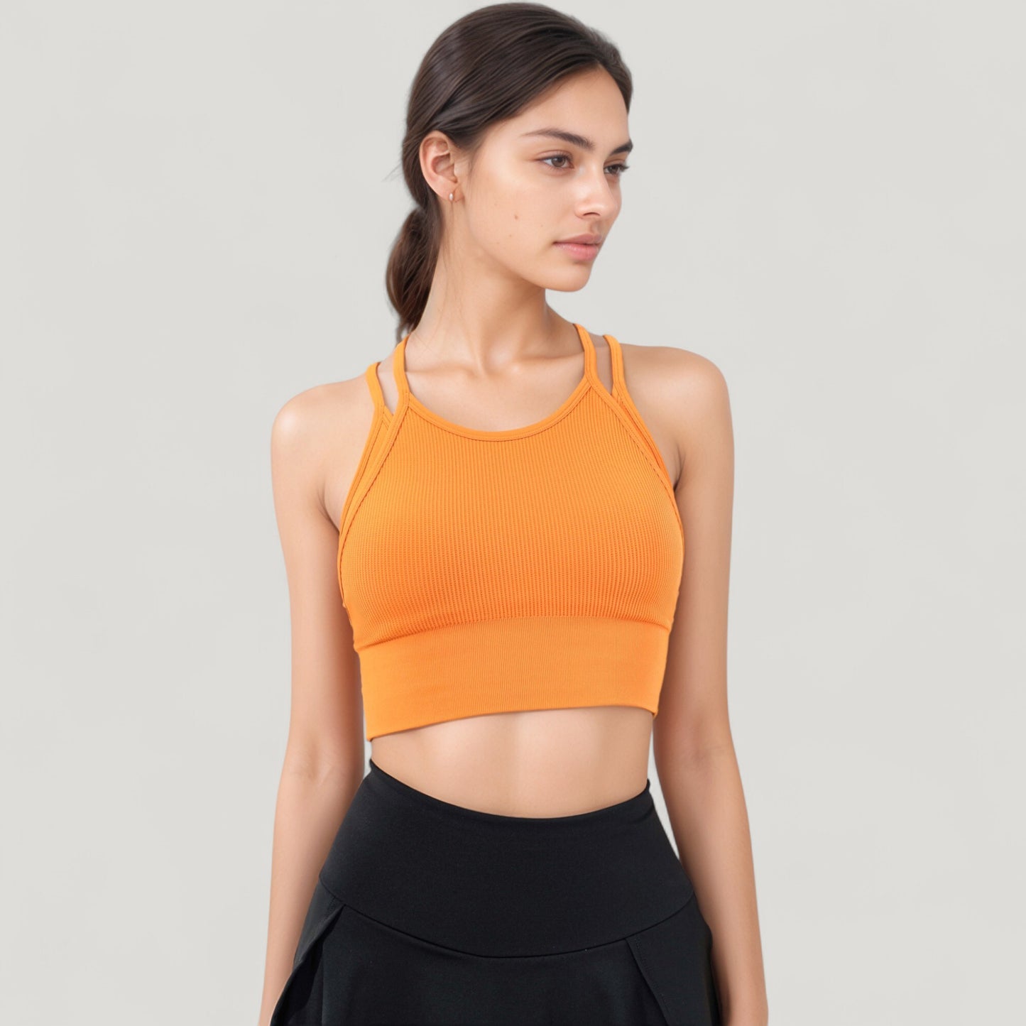 Anna-Kaci Active Women's Double Strap Crew Neck Ribbed Crop Top with Fitted Hem