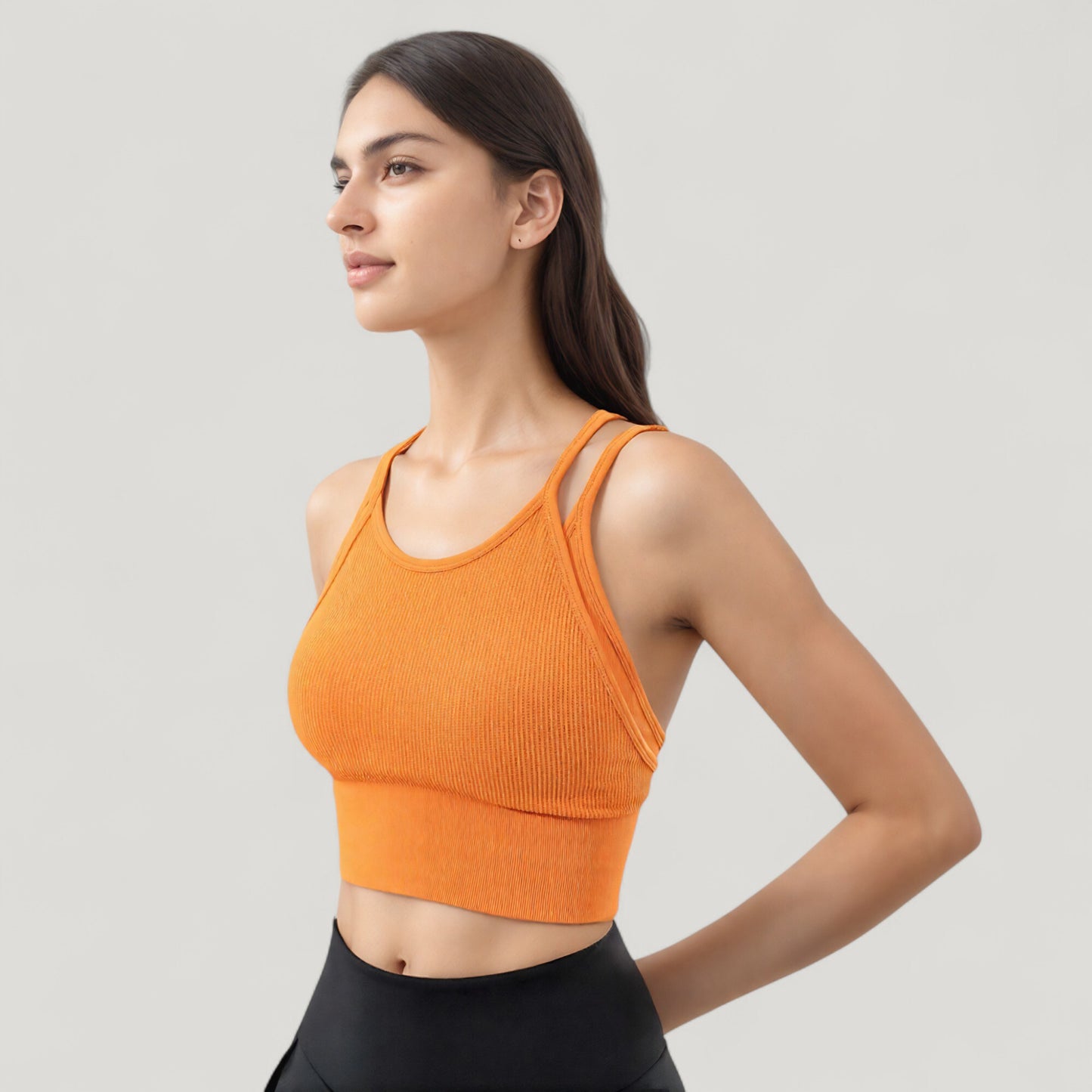 Anna-Kaci Active Women's Double Strap Crew Neck Ribbed Crop Top with Fitted Hem
