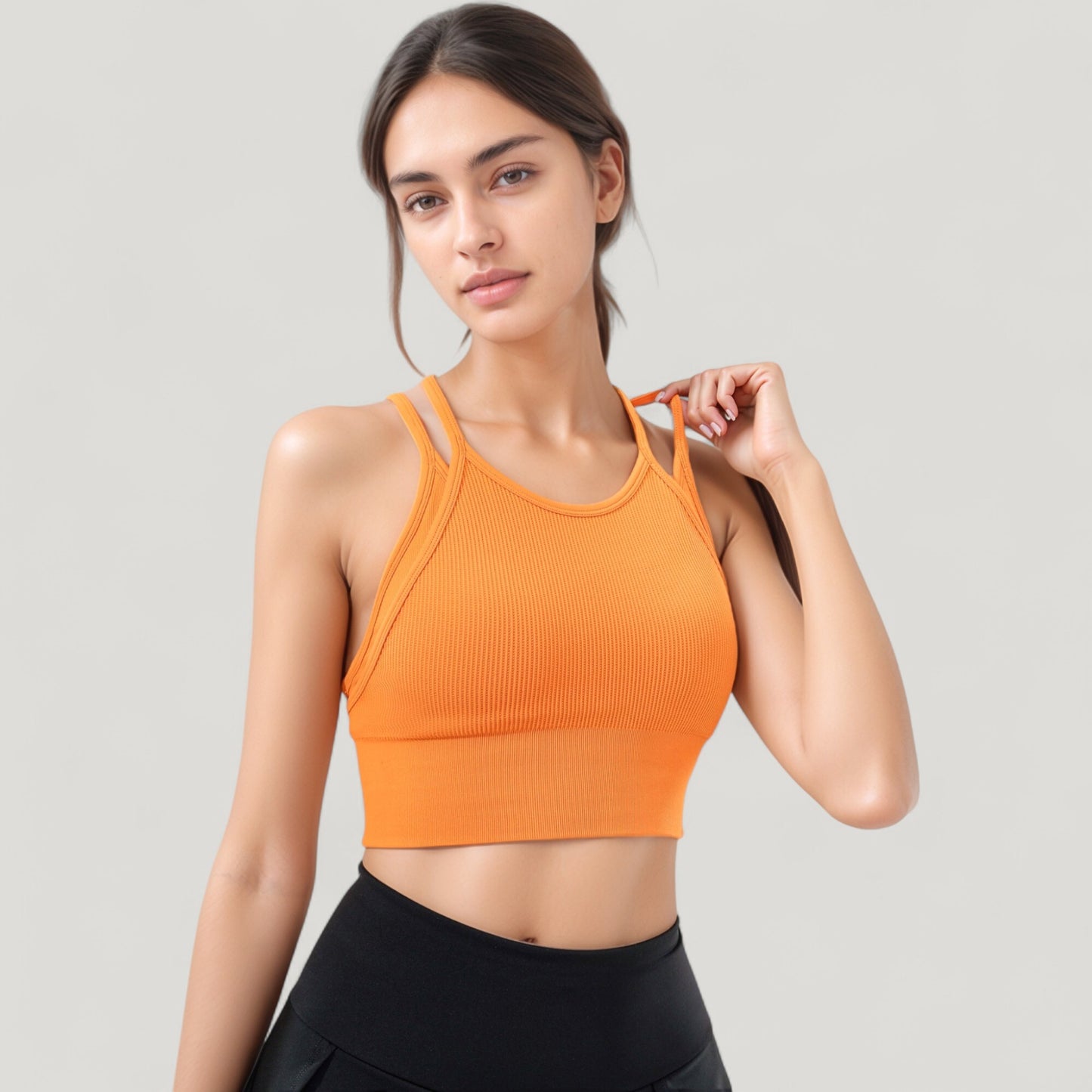 Anna-Kaci Active Women's Double Strap Crew Neck Ribbed Crop Top with Fitted Hem