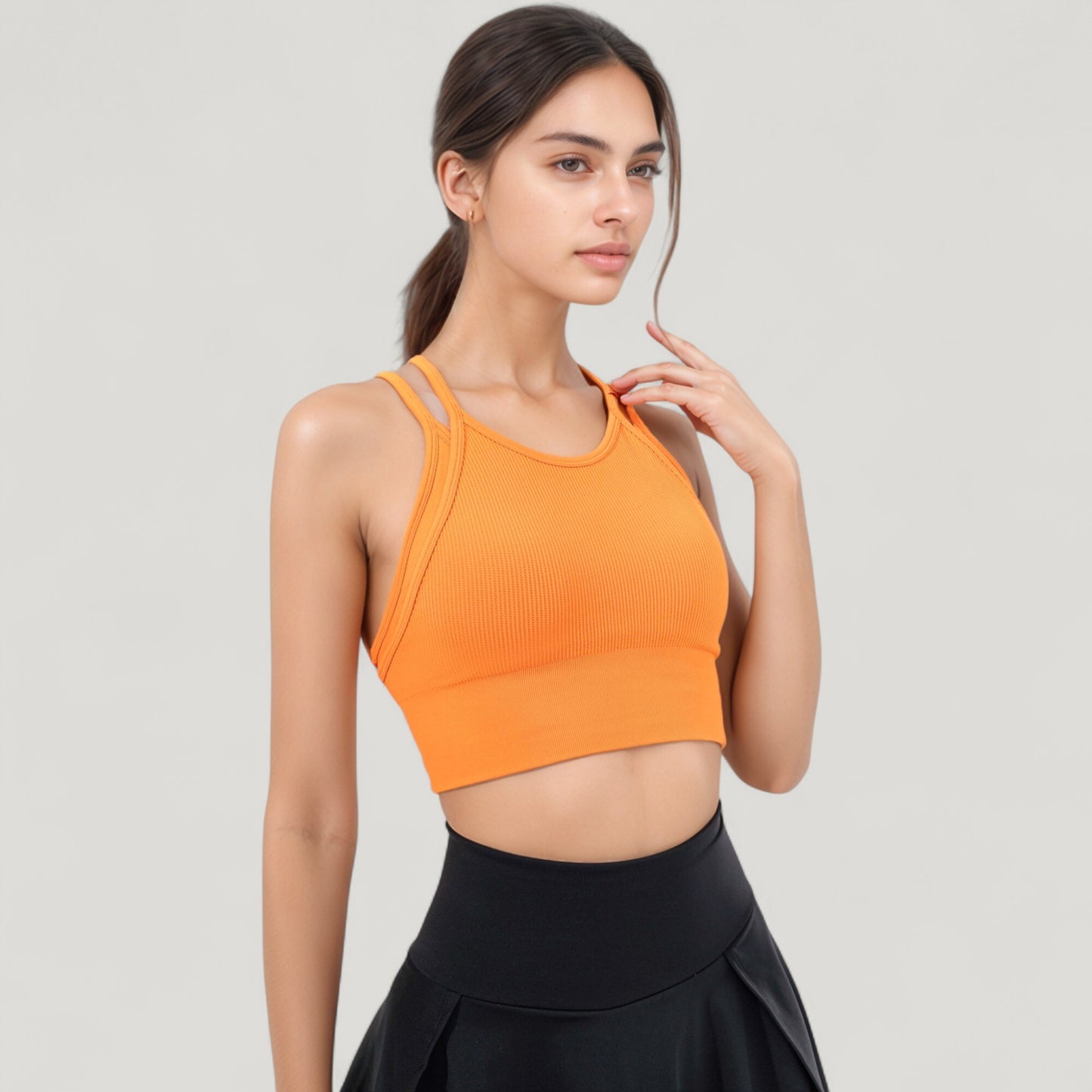 Anna-Kaci Active Women's Double Strap Crew Neck Ribbed Crop Top with Fitted Hem