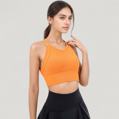 Anna-Kaci Active Women's Double Strap Crew Neck Ribbed Crop Top with Fitted Hem