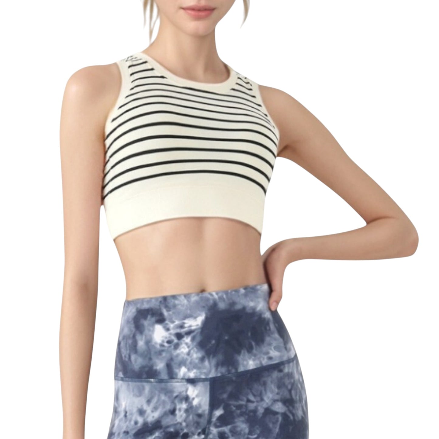 Anna-Kaci Active Women's Striped Sleeveless Crop Top with Fitted Hem and Round Neckline