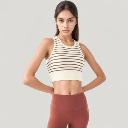 Anna-Kaci Active Women's Striped Sleeveless Crop Top with Fitted Hem and Round Neckline