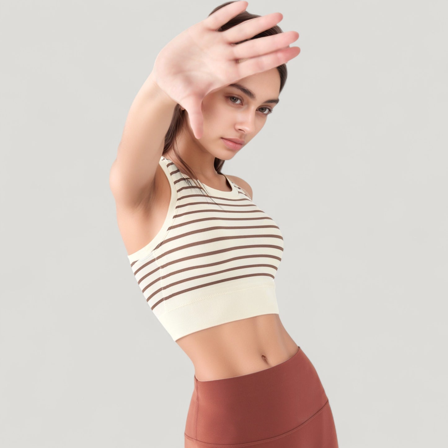 Anna-Kaci Active Women's Striped Sleeveless Crop Top with Fitted Hem and Round Neckline