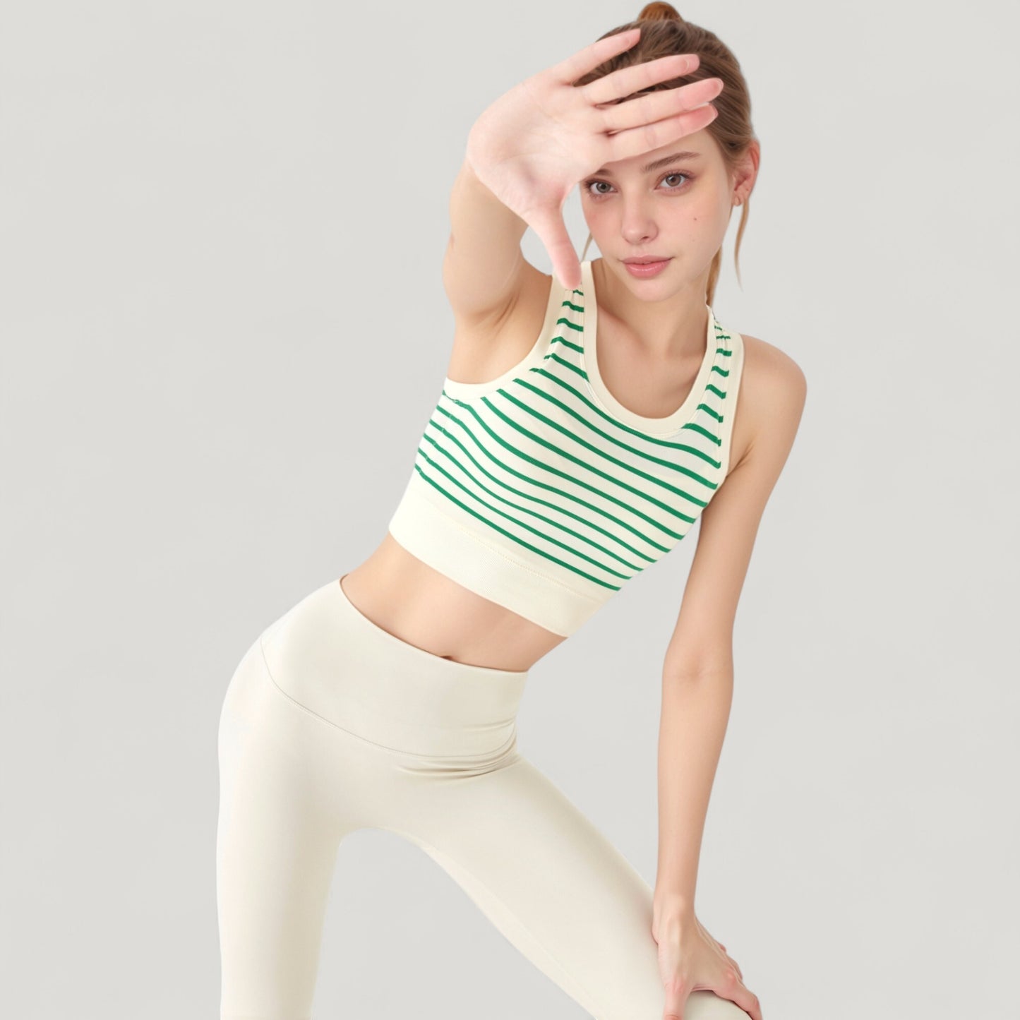 Anna-Kaci Active Women's Striped Sleeveless Crop Top with Fitted Hem and Round Neckline