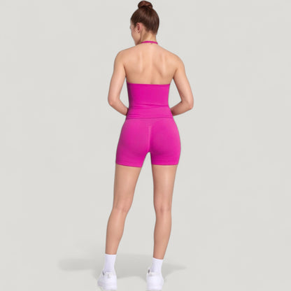 Anna-Kaci Active Women's Seamless Active Set with Halter Neck Top and Fitted Shorts