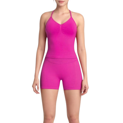 Anna-Kaci Active Women's Seamless Active Set with Halter Neck Top and Fitted Shorts