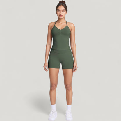 Anna-Kaci Active Women's Seamless Active Set with Halter Neck Top and Fitted Shorts