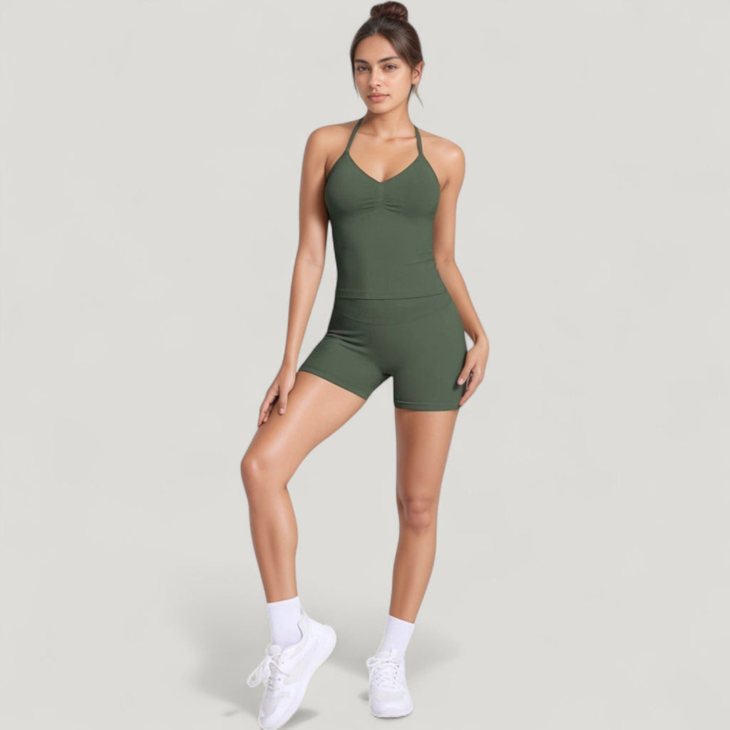 Anna-Kaci Active Women's Seamless Active Set with Halter Neck Top and Fitted Shorts