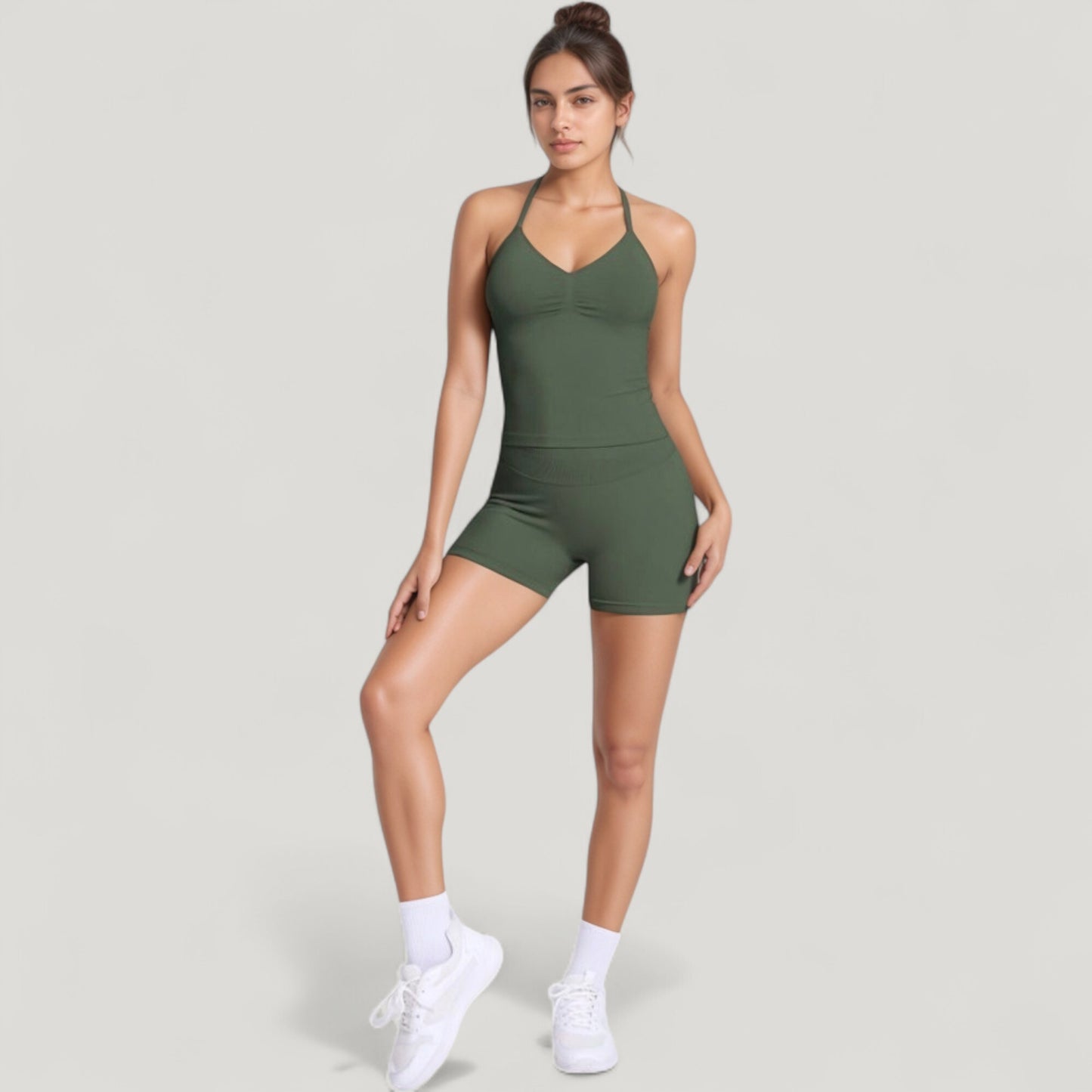 Anna-Kaci Active Women's Seamless Active Set with Halter Neck Top and Fitted Shorts