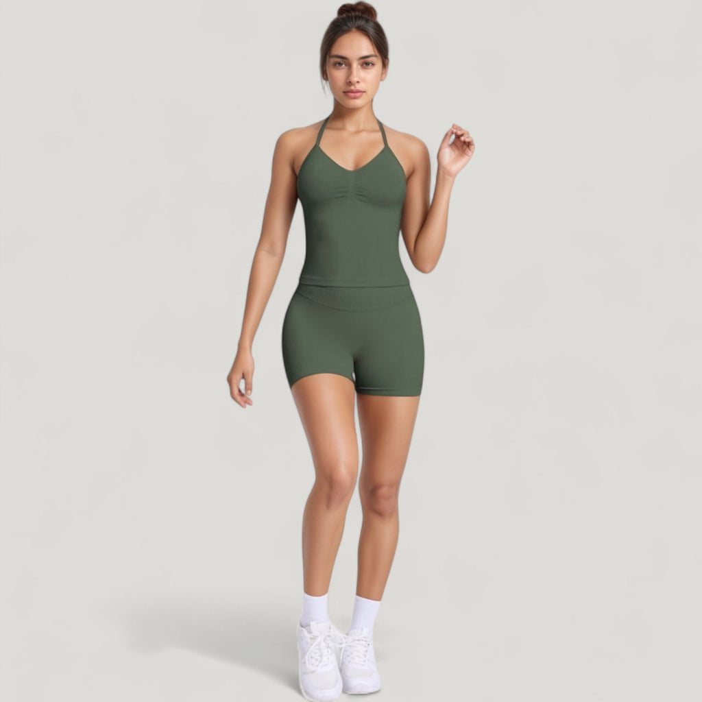 Anna-Kaci Active Women's Seamless Active Set with Halter Neck Top and Fitted Shorts