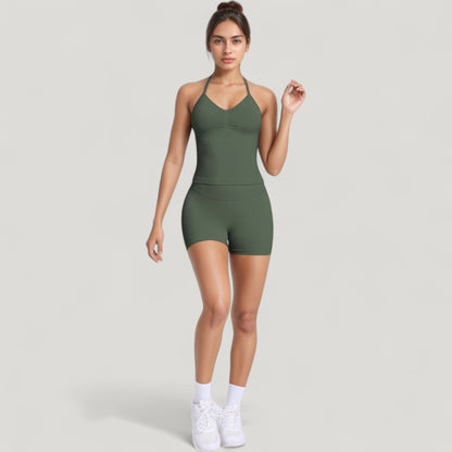 Anna-Kaci Active Women's Seamless Active Set with Halter Neck Top and Fitted Shorts