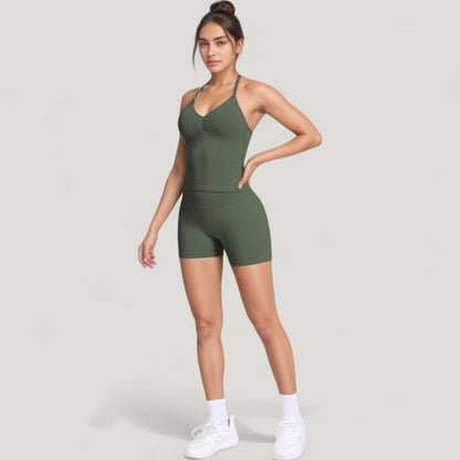 Anna-Kaci Active Women's Seamless Active Set with Halter Neck Top and Fitted Shorts