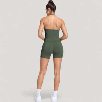 Anna-Kaci Active Women's Seamless Active Set with Halter Neck Top and Fitted Shorts