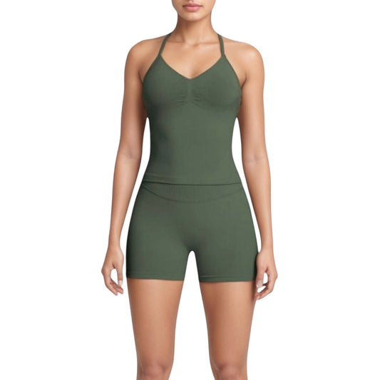 Anna-Kaci Active Women's Seamless Active Set with Halter Neck Top and Fitted Shorts