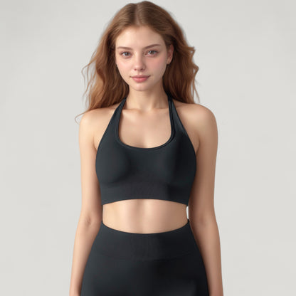 Anna-Kaci Active Women's Seamless Halter Neck Athletic Crop Top with Ribbed Detailing