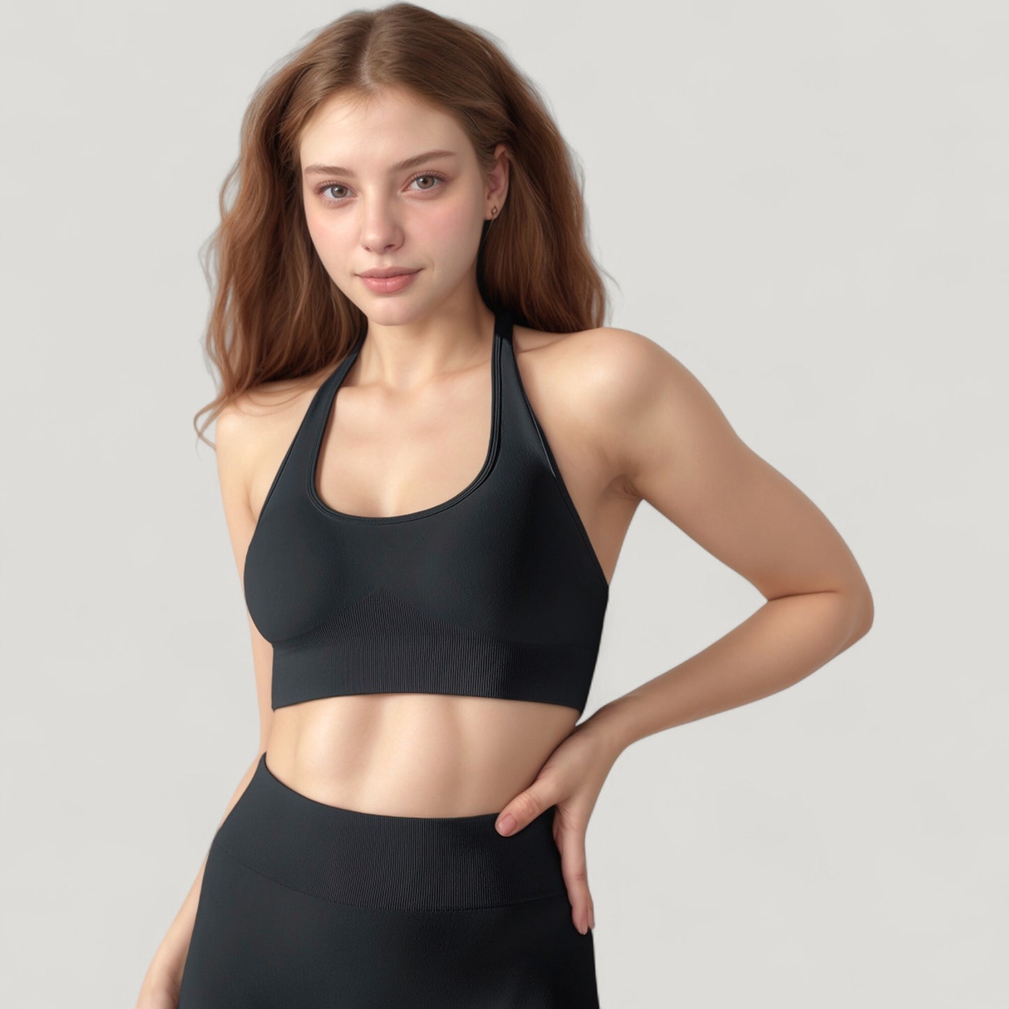 Anna-Kaci Active Women's Seamless Halter Neck Athletic Crop Top with Ribbed Detailing