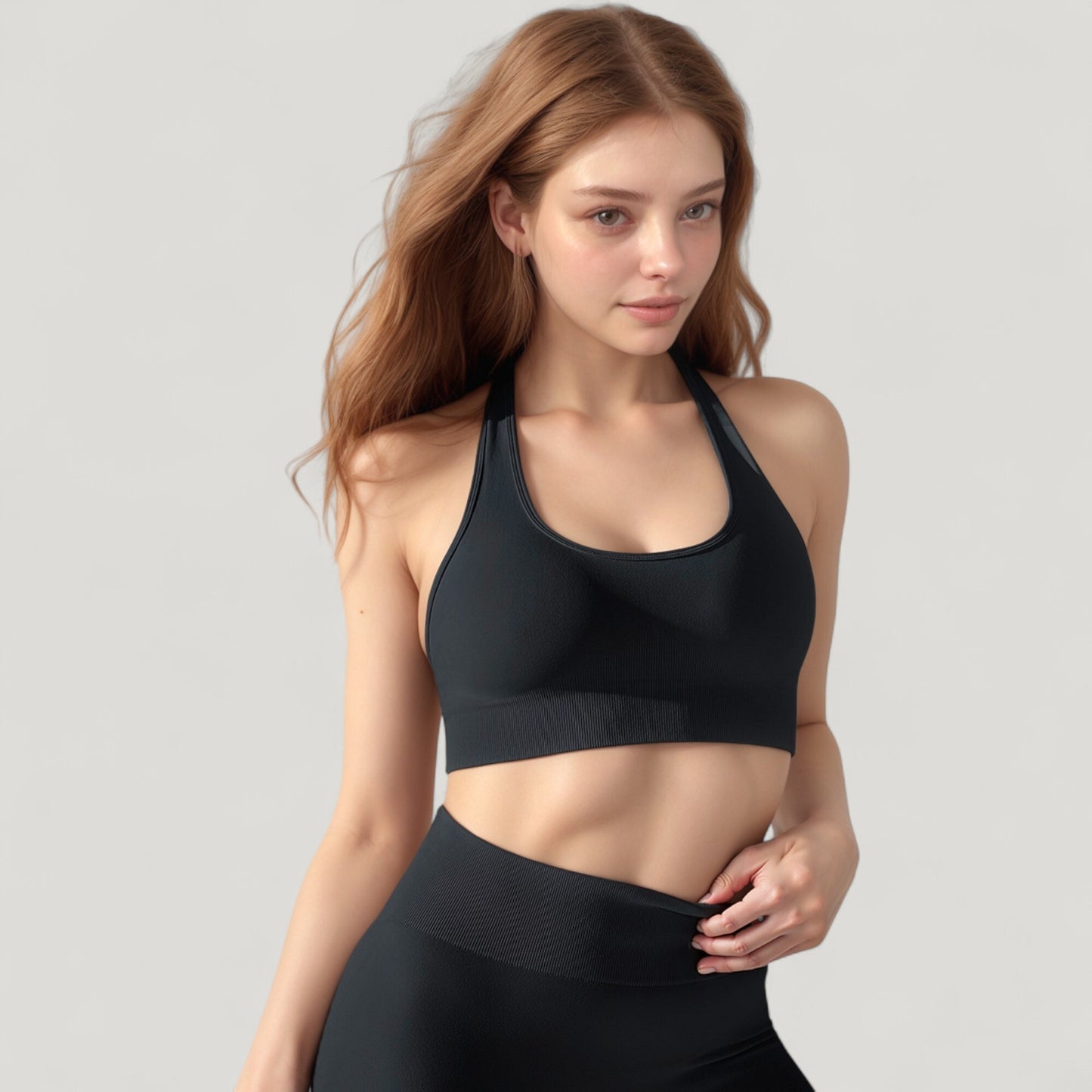 Anna-Kaci Active Women's Seamless Halter Neck Athletic Crop Top with Ribbed Detailing