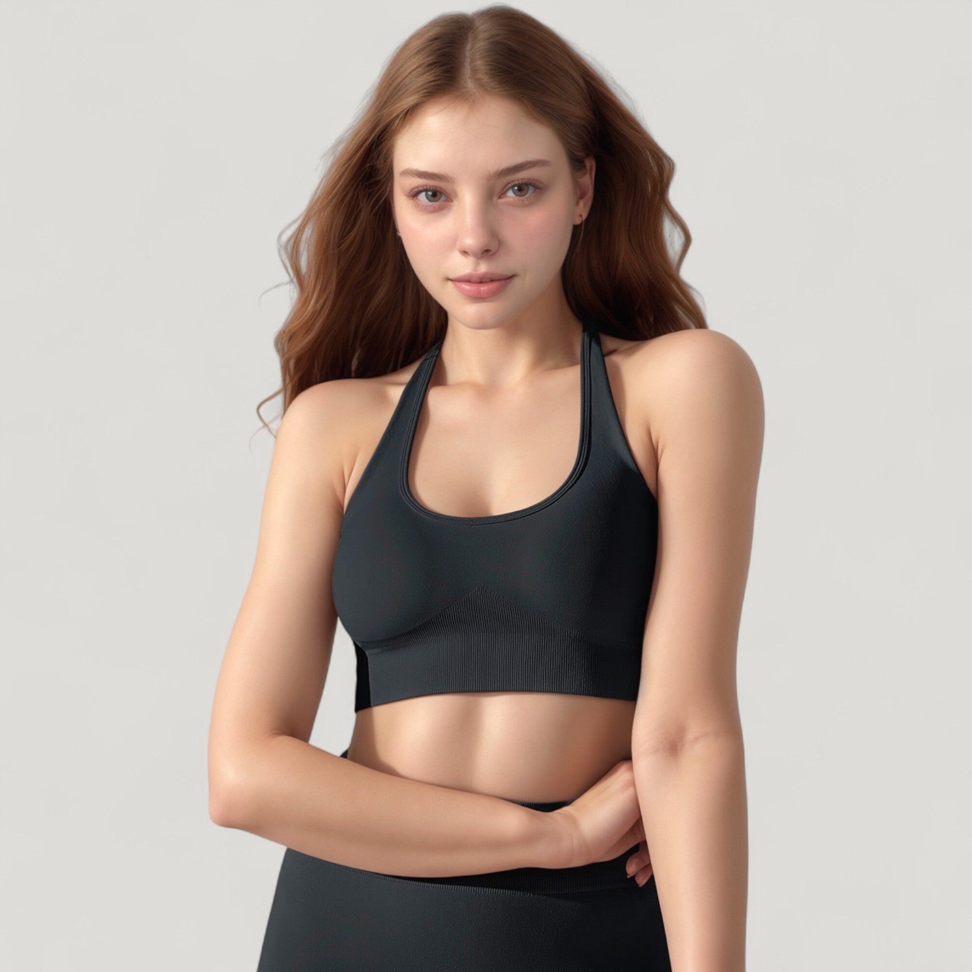 Anna-Kaci Active Women's Seamless Halter Neck Athletic Crop Top with Ribbed Detailing