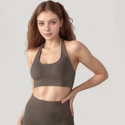 Anna-Kaci Active Women's Seamless Halter Neck Athletic Crop Top with Ribbed Detailing