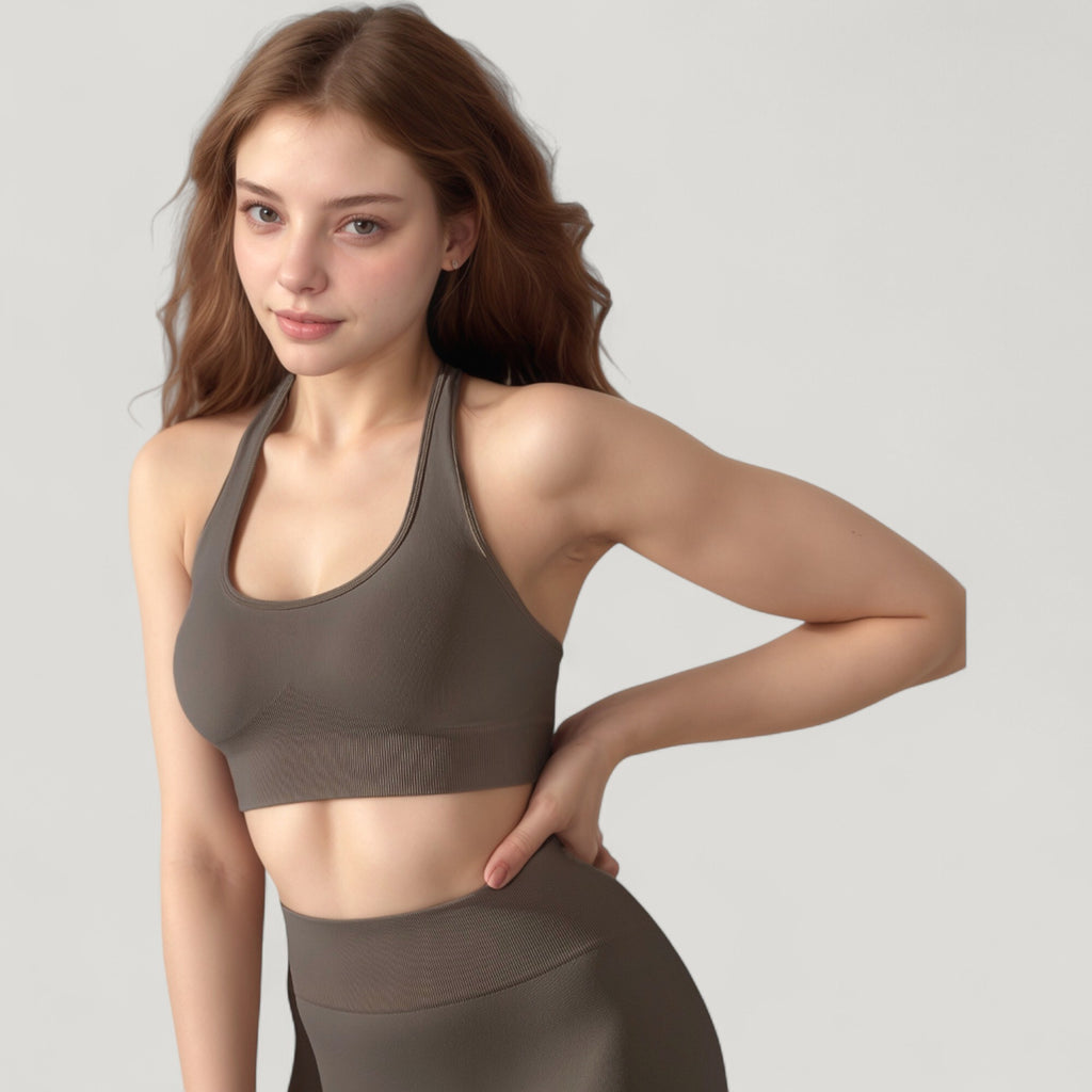 Anna-Kaci Active Women's Seamless Halter Neck Athletic Crop Top with Ribbed Detailing
